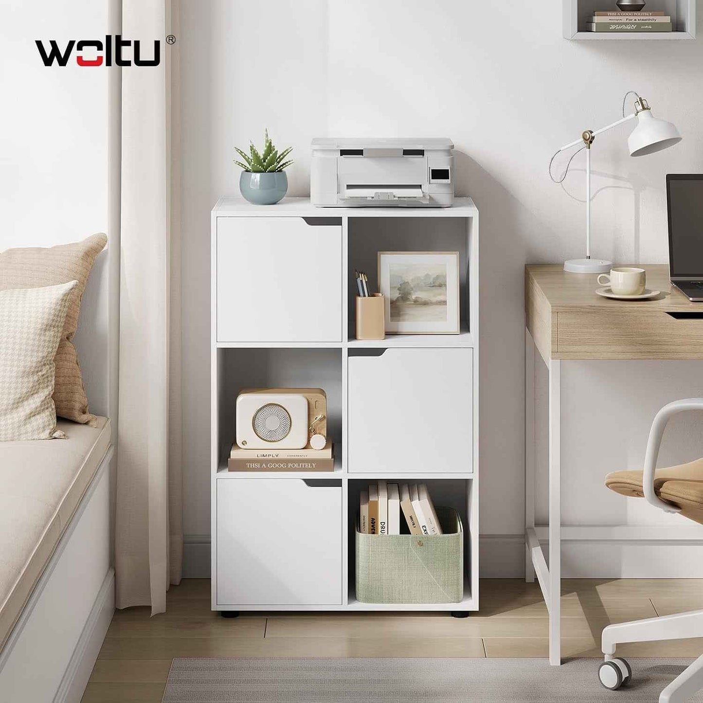 Bibliothèque Étagère De Rangement, Meuble Cube 59,6X29X91Cm | En MDF Pour Salon Bureau Avec 3 Portes 6 Compartiments, Blanc