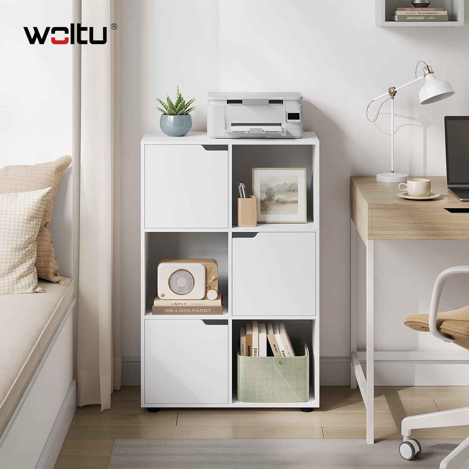 Bibliothèque Étagère De Rangement, Meuble Cube 59,6X29X91Cm | En MDF Pour Salon Bureau Avec 3 Portes 6 Compartiments, Blanc