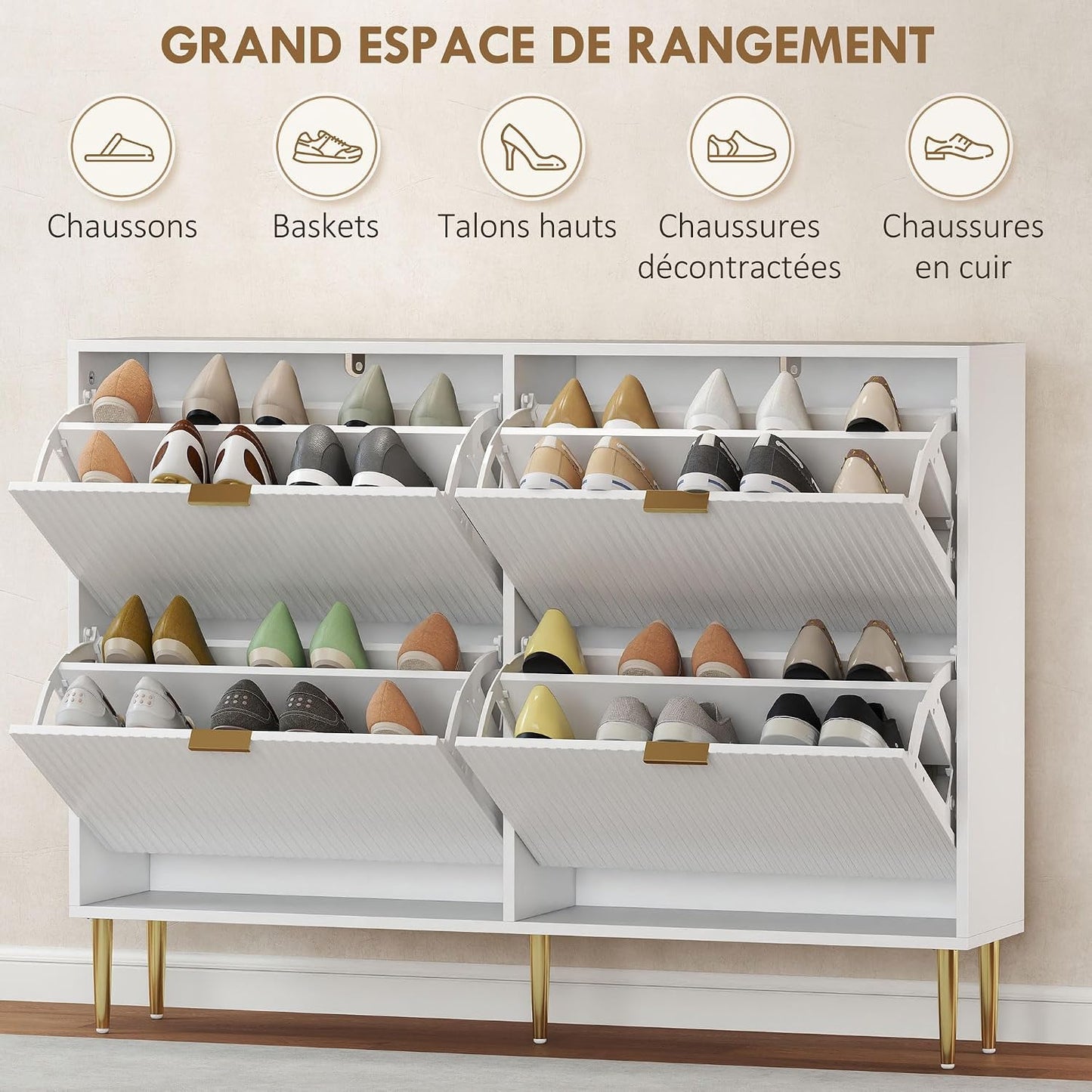 Meuble À Chaussures 20 Paires 4 Tiroirs 105 X 24 X 91,5 Cm Blanc | Armoire À Chaussures Étroite Moderne, Portes Cannelées, Étagères Réglables, Pour Couloir Et Entrée