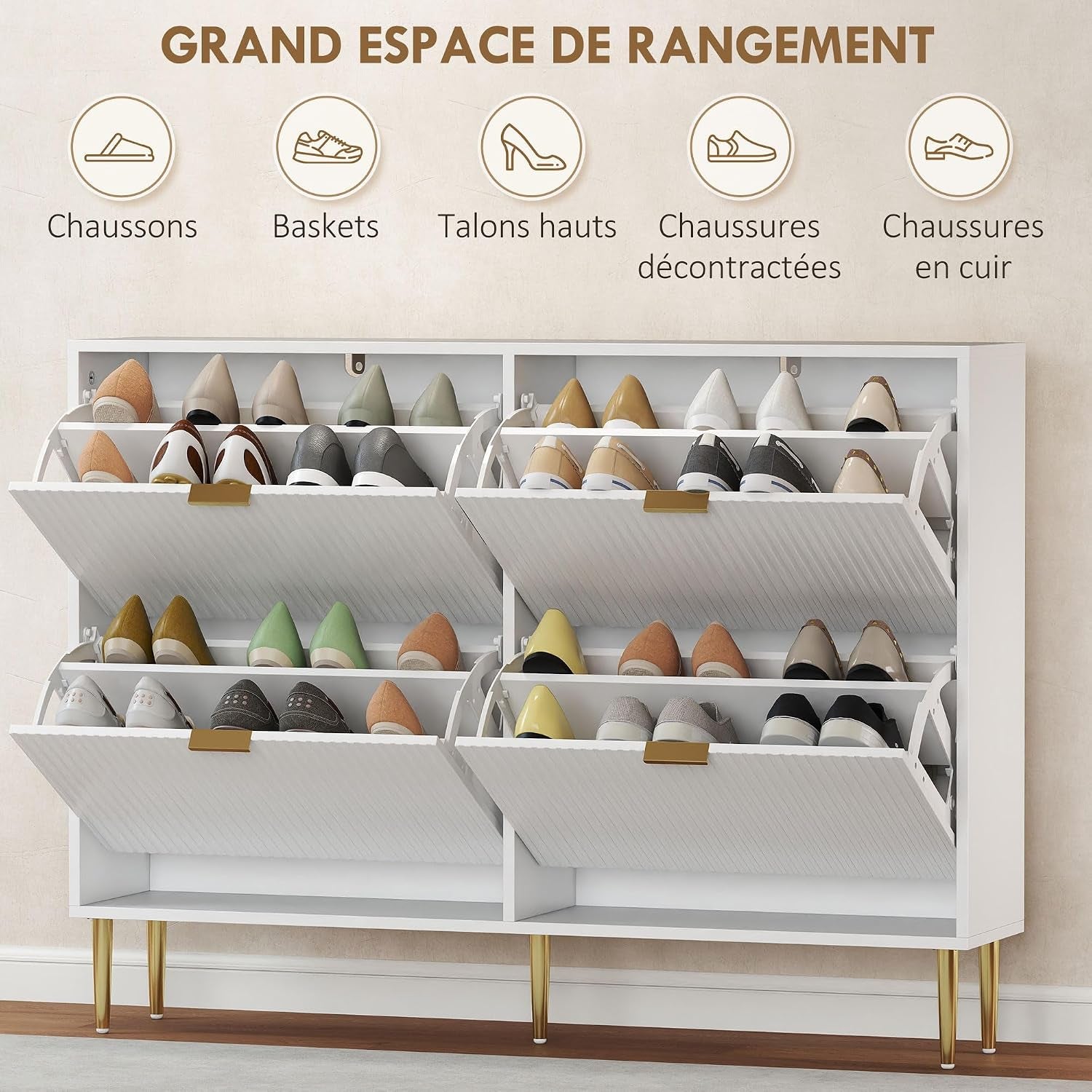 Meuble À Chaussures 20 Paires 4 Tiroirs 105 X 24 X 91,5 Cm Blanc | Armoire À Chaussures Étroite Moderne, Portes Cannelées, Étagères Réglables, Pour Couloir Et Entrée