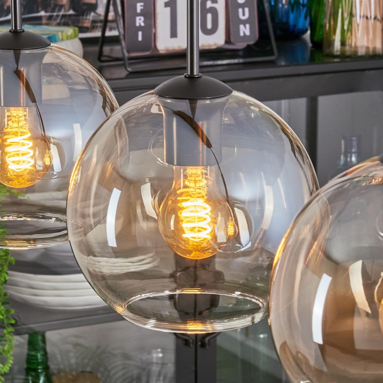 Koyoto Suspension À 3 Ampoules En Métal/Verre Noir/Ambre/Transparent, Suspension Moderne Au Design Rétro/Vintage (Abat-Jour Ø 20 Cm), E27, Salle À Manger, Salon, Cuisine