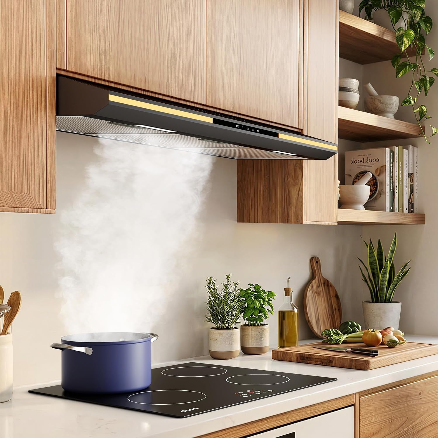 CBCB90921 Classe A+ Hotte Aspirante 90 Cm Sous Meuble - Noire | 320 M³/H -3 Vitesses,Commande Tactile, Évacuation&Recyclage, Filtre À Charbon CBCF011 Inclus, Lumière D’Ambiance Chaleureuse