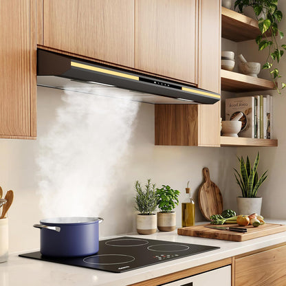 CBCB90921 Classe A+ Hotte Aspirante 90 Cm Sous Meuble - Noire | 320 M³/H -3 Vitesses,Commande Tactile, Évacuation&Recyclage, Filtre À Charbon CBCF011 Inclus, Lumière D’Ambiance Chaleureuse