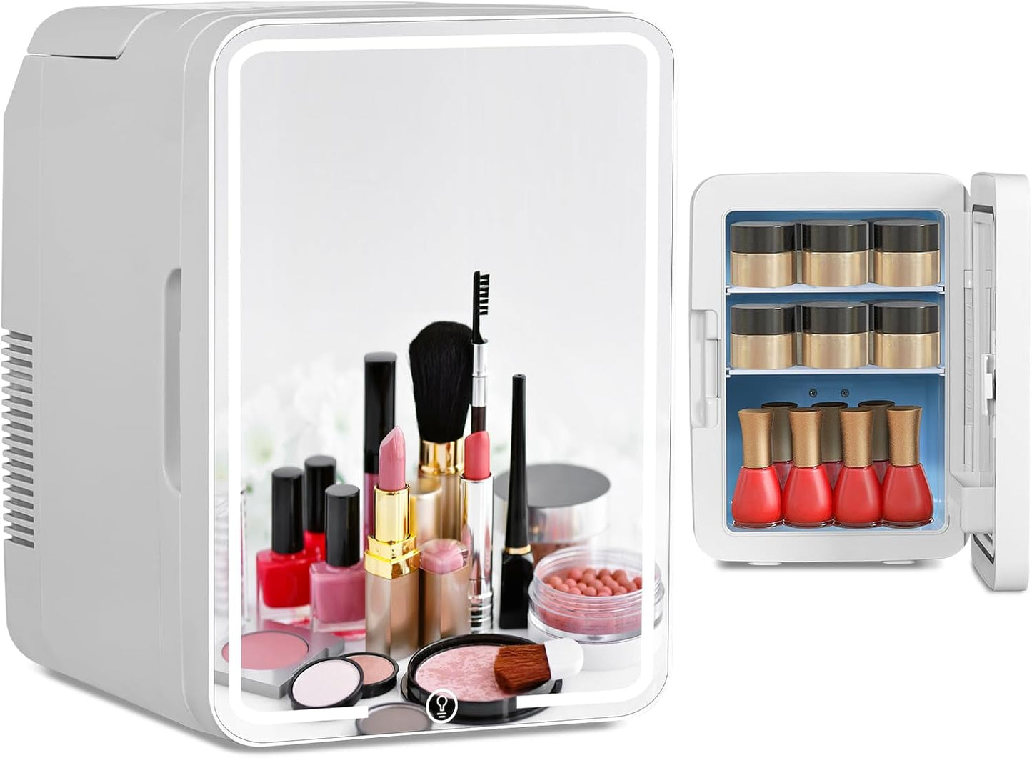 YOURLITE Mini Frigo De Chambre 2 En 1 10 Litres Avec Miroir LED À Intensité Variable, Mini Réfrigérateur Portable Ac/Dc Pour Cosmétiques Réfrigérés, Produits De Soins De La Peau Et Aliments