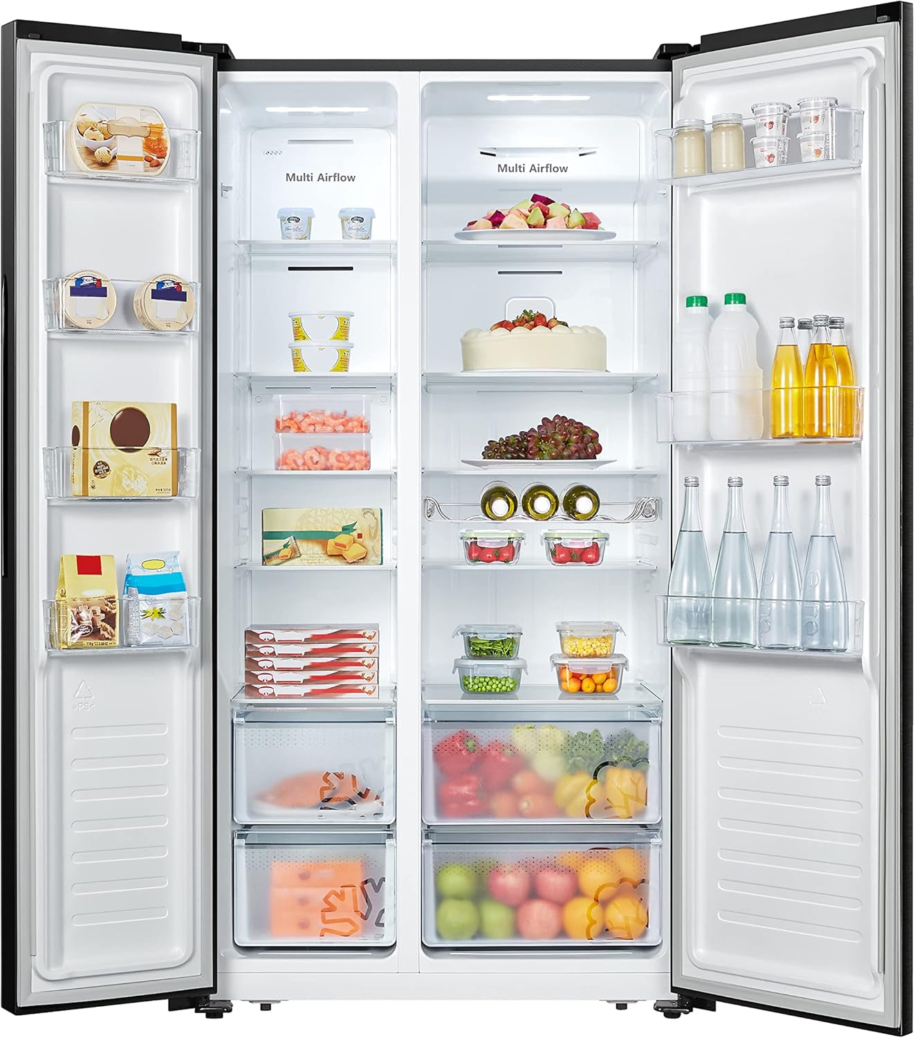 Hisense RS677N4BFD Congélateur Side by Side, Compresseur Inverter, Porte-Bouteille, 2 Freshzone/Compartiment À Légumes/Réfrigérateur 334 L/Congélateur 185 L/41 Db/247 Kwh/An, Noir