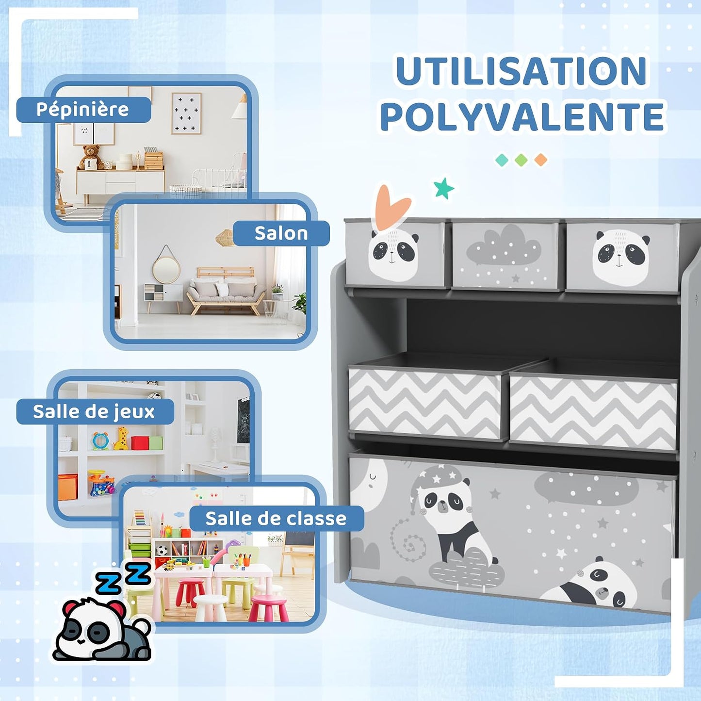 Meuble Rangement Enfant 6 Boîtes Amovibles En Tissu Non Tissé Gris | Rangement Jouet Enfant, Bibliothèque, Organisateur De Jouets Pour Salle De Jeu, Garderie, École, 63 X 30 X 66 Cm