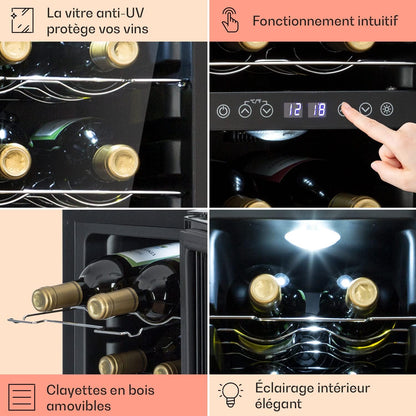 Cave a Vin, Réfrigérateur À Vin Avec Porte En Verre, Cave À Vin De Vieillissement, Double Zone, Prosecco, Bière, Ecran Tactile, Réfrigérateur Bar, Frigo, Protection UV, 5-18°C, 12 Bouteilles