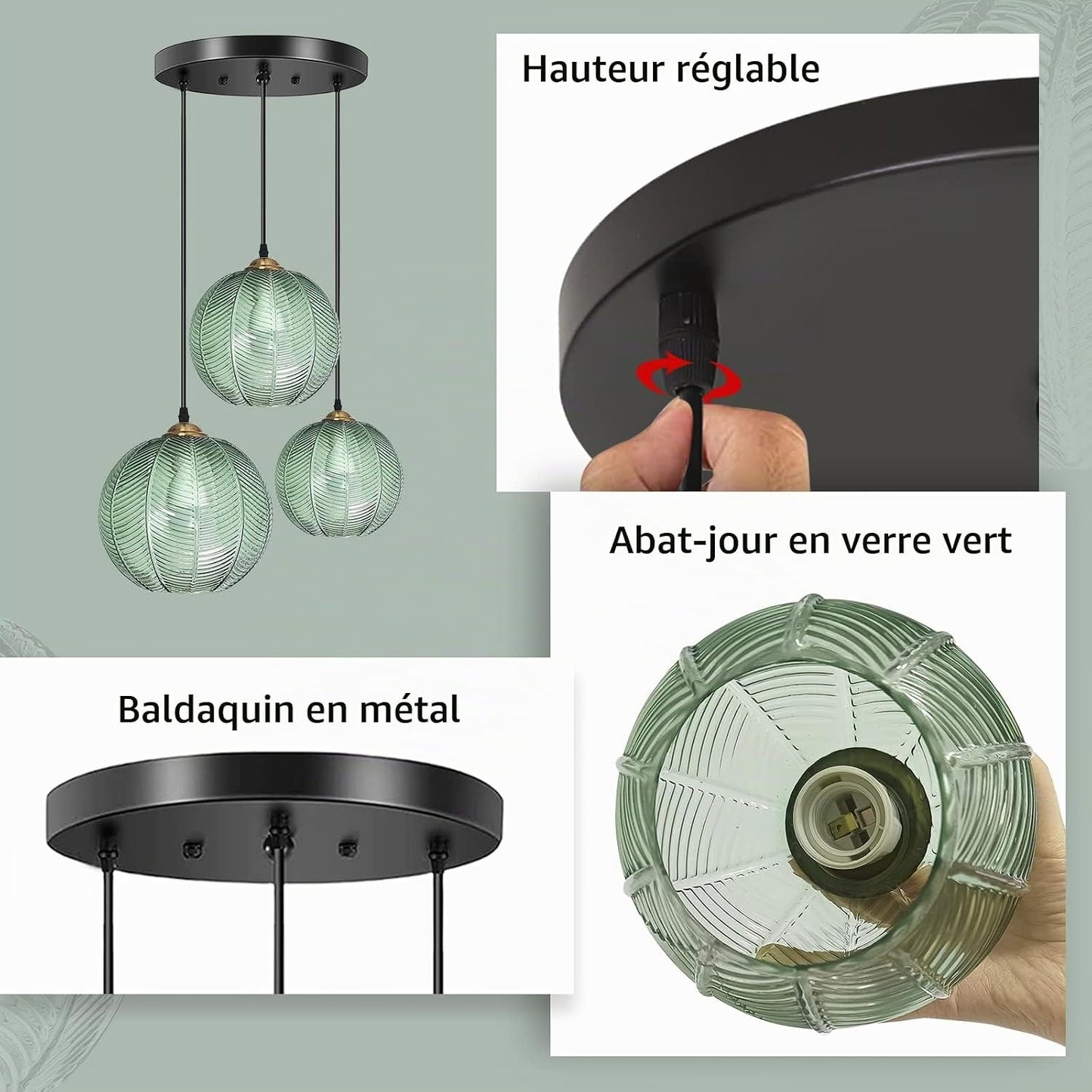 Suspension Luminaire,Suspension En Verre Vert Clair Abat-Jour Moderne Lustres Vertes Moderne E27 Lampe Suspension,Loft Lustre Vintage Cuisine Chambre À Manger Luminaire De La Salle À Manger