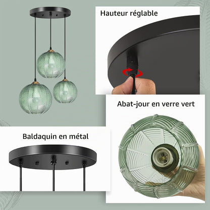 Suspension Luminaire,Suspension En Verre Vert Clair Abat-Jour Moderne Lustres Vertes Moderne E27 Lampe Suspension,Loft Lustre Vintage Cuisine Chambre À Manger Luminaire De La Salle À Manger
