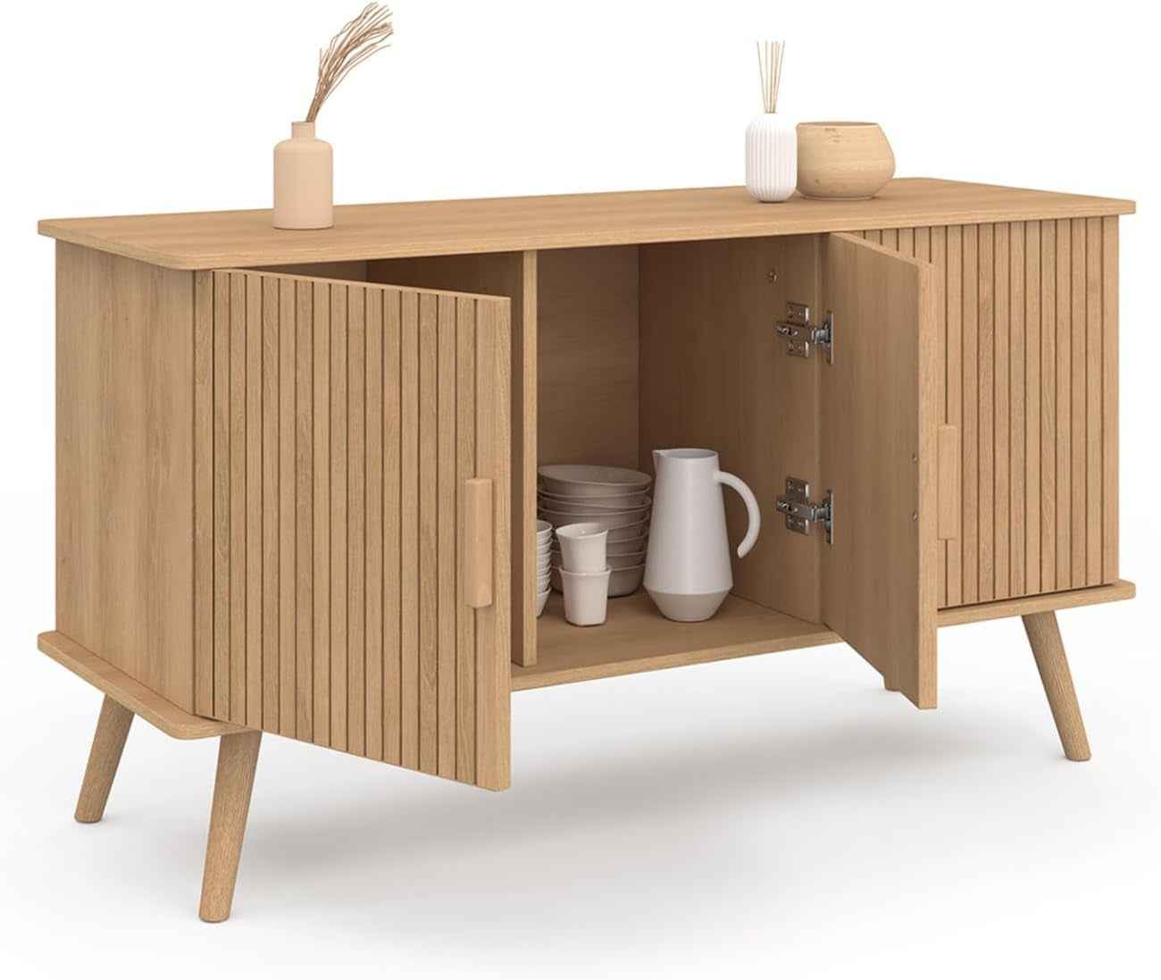 - Buffet 110 Cm Juliette, Lattes Tasseau Bois Coloris Chêne | Avec 3 Portes
