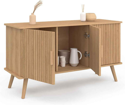 - Buffet 110 Cm Juliette, Lattes Tasseau Bois Coloris Chêne | Avec 3 Portes