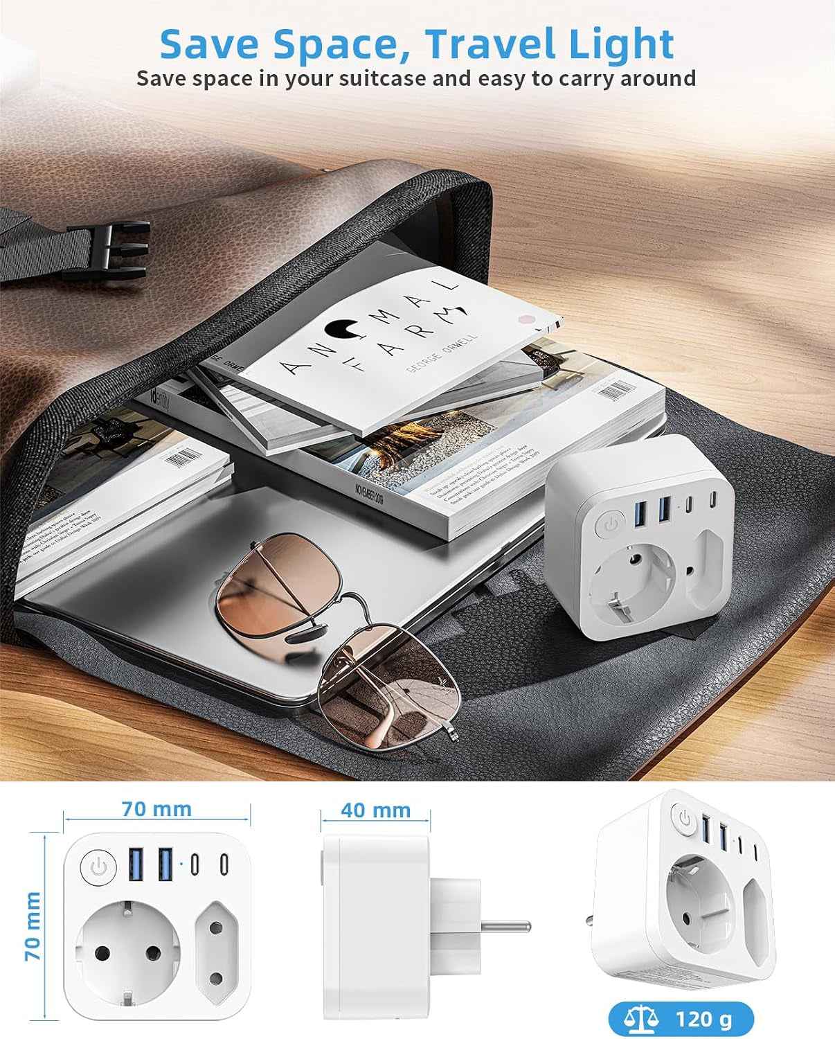 6 En 1 Multiprise Murale Avec 4 USB (2 Type-C), Adaptateur Secteur 2 Prises Avec Interrupteur Electrique Idéal Bureau, Blanc | 2 Prises Multiprises, Double Prise Pour Prise Murale