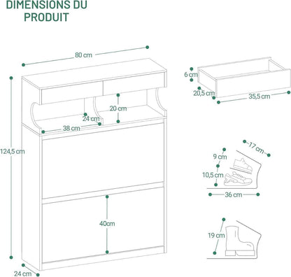 Meuble À Chaussures, 16 Paires, 2 Abattants (80L Cm), Blanc | Armoire À Chaussures, Séparateur Réglable, Grande Capacité, Pour Entrée, Couloir, Chambre, SR45303X