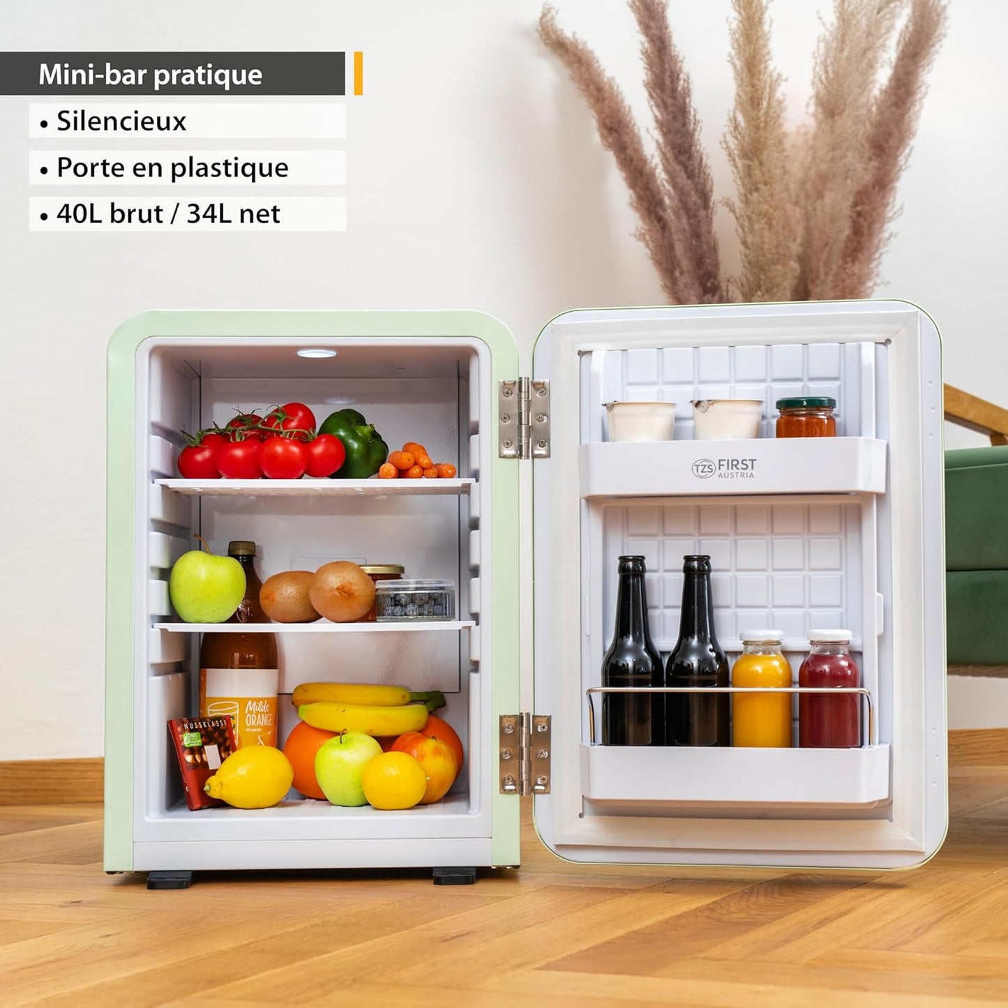 TZS First Austria Mini-Réfrigérateur Silencieux | Design Rétro | Puissance De Réfrigération Réglable | Poignée De Porte | Système De Réfrigération Thermoélectrique | 40L | Menthe