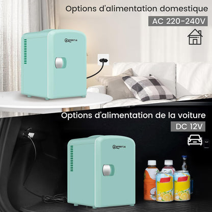 Mini Frigo Portable 4L, Mini Réfrigérateur Cosmétique, Mini Glacière Électrique, Fonction Froid/Chaud, Avec Câble AC 220V/ DC 12V Pour Voiture, Bureau, Chambre (Vert)