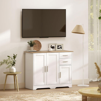Buffet Salon 2 Tiroirs 3 Portes 100 X 40 X 78 Cm Blanc Bois Naturel | Meuble De Rangement, Étagère Réglable, Style Contemporain, Buffet Salle À Manger Et Cuisine