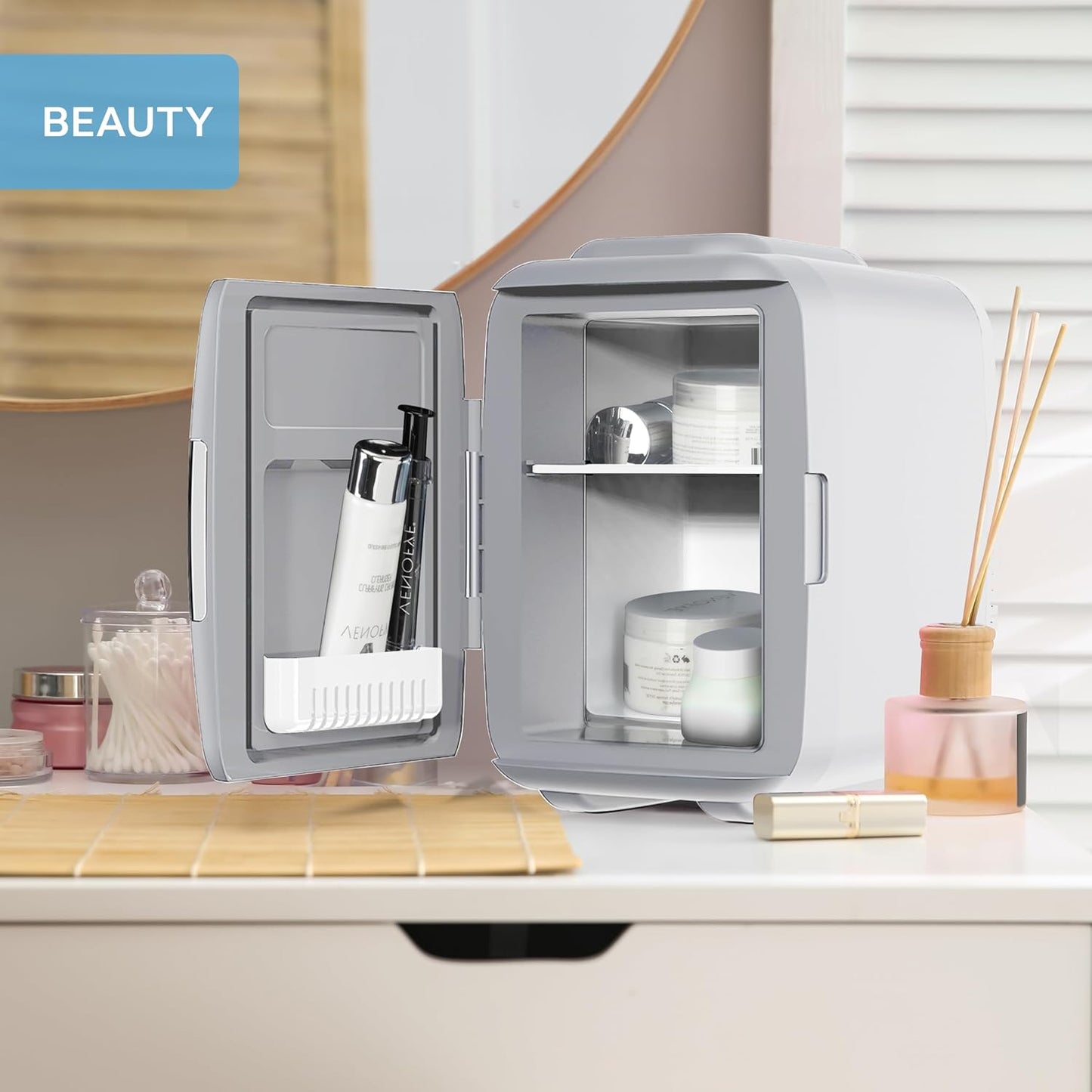 MONCOOK Mini Réfrigérateur - Mini Réfrigérateurs Portables Pour Les Soins De La Peau, La Médecine, La Nourriture Et Les Boissons - Fonction De Refroidissement Et De Réchauffement - 5L - Mono Gris