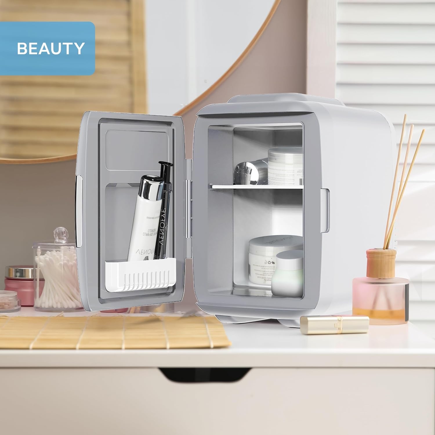 MONCOOK Mini Réfrigérateur - Mini Réfrigérateurs Portables Pour Les Soins De La Peau, La Médecine, La Nourriture Et Les Boissons - Fonction De Refroidissement Et De Réchauffement - 5L - Mono Gris