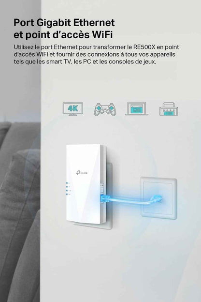 Répéteur Wifi 6 Puissant 1500 Mbps, Port Gigabit, RE500X | Compatible Toutes Box, Profitez D'Une Connexion Rapide Wifi 6 Jusqu'À 100 M², Idéale Pour Le Streaming HD & Le Télétravail