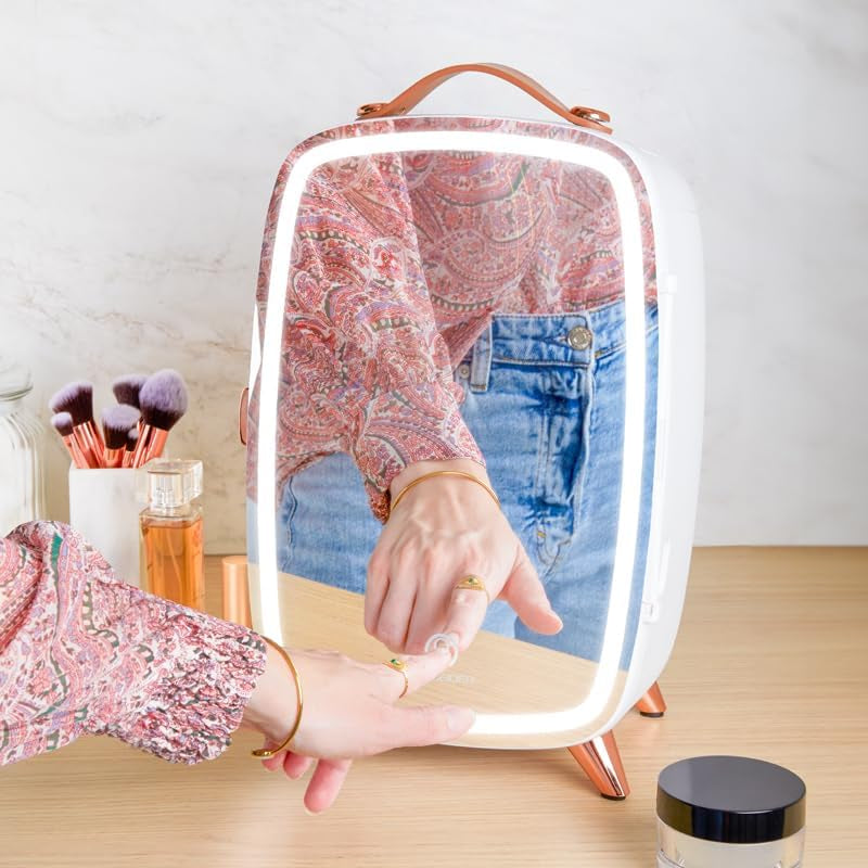 SCMF6W, Mini Frigo Cosmétique 5L, Fonction Froid, Moteur Brushless, Miroir Avec LED, 1 Étagère, 240W, Blanc