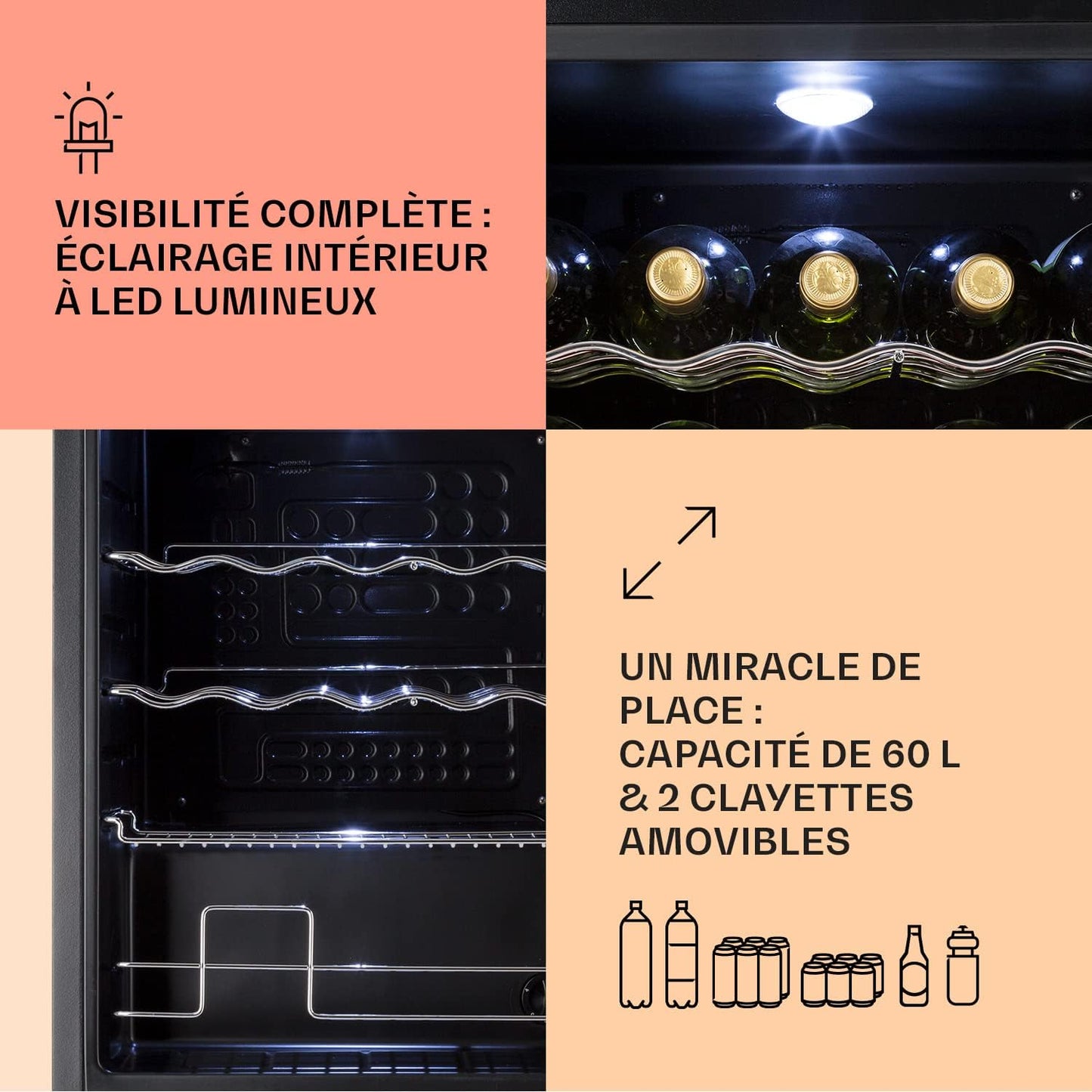 Mini Frigo De Chambre Et Bureau Pour Boisson, Silencieux, Refrigerateur Bar 60L, Pour Camping, Étagères Réglables, Ondulés Pour Le Vin, Cannette, Beer Fridge