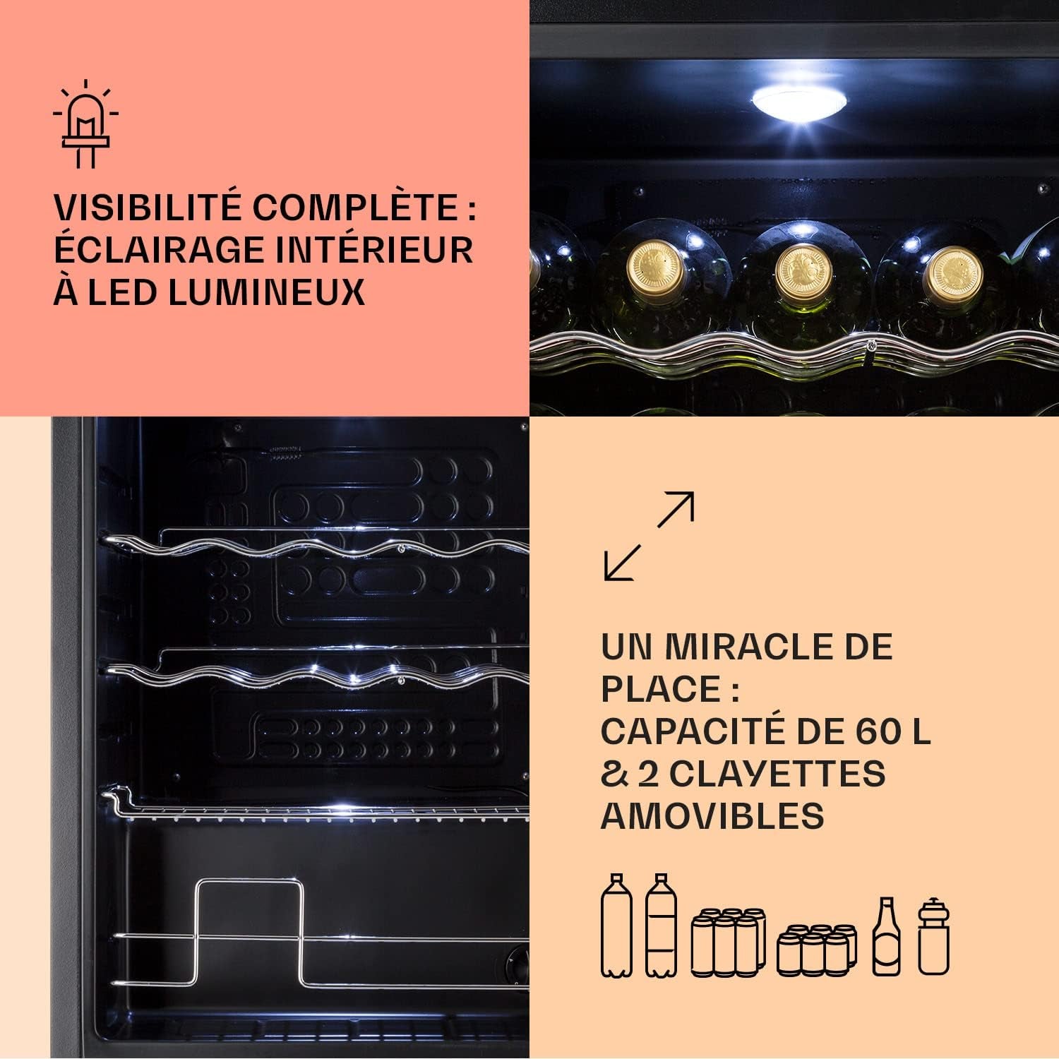 Mini Frigo De Chambre Et Bureau Pour Boisson, Silencieux, Refrigerateur Bar 60L, Pour Camping, Étagères Réglables, Ondulés Pour Le Vin, Cannette, Beer Fridge