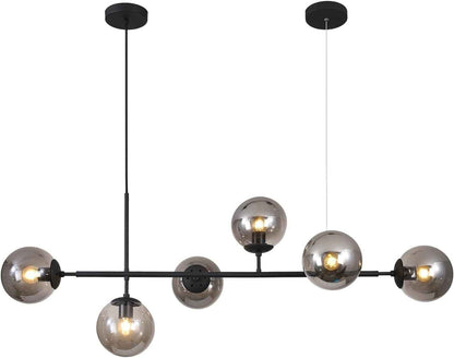 Lighting Lustre De Salon Moderne Noir Avec 6 Lumières, Globes En Verre Gris Fumé Luminaire De Cuisine Suspendu Pour L'Îlot De Cuisine, La Salle À Manger, Le Salon