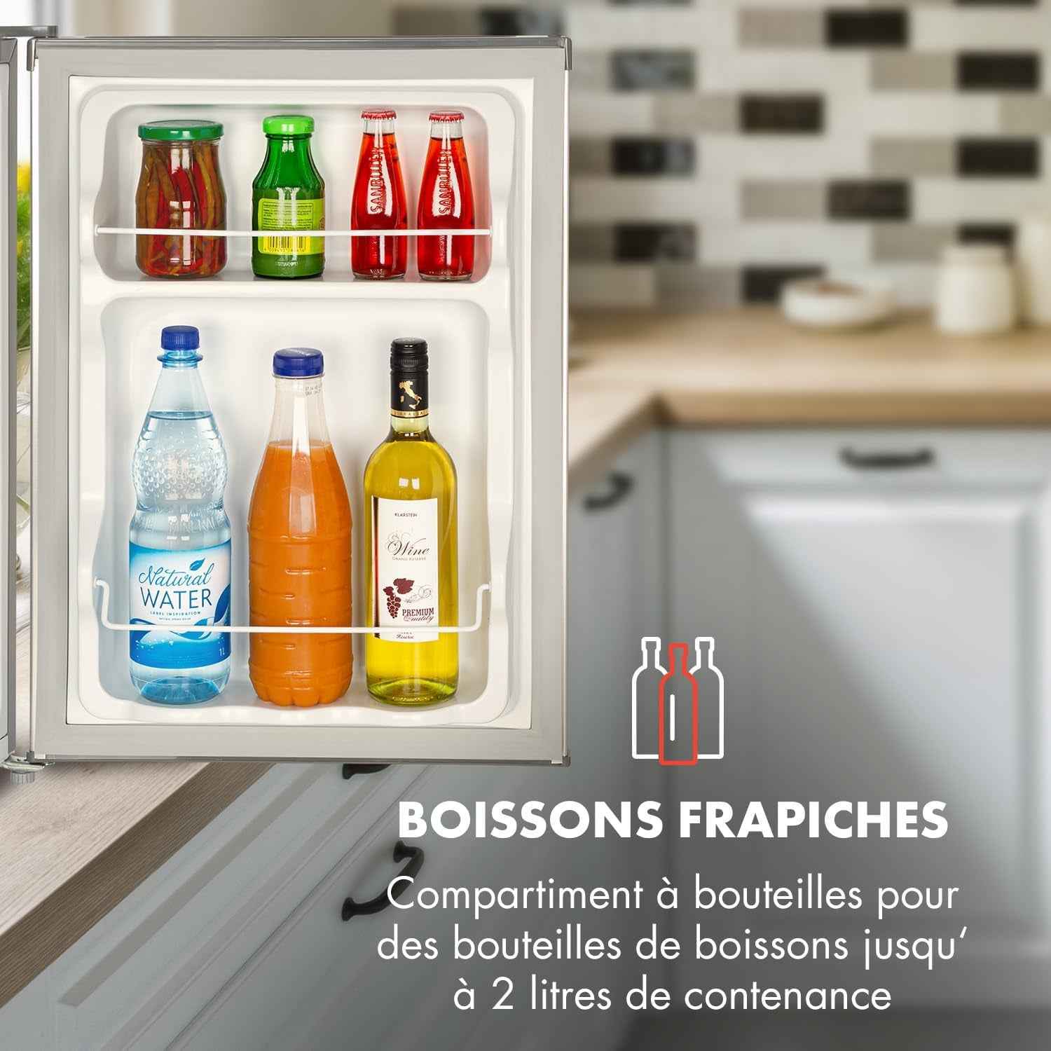 KLARSTEIN Cool Kid - Réfrigérateur À Boissons, Mini-Réfrigérateur, Mini-Bar, 66 Litres, Classe D'Efficacité Énergétique E, 109 Kwh/An, Sur Pied, 45X63X51 Cm (Lxhxp), 42Db, Gris Argent