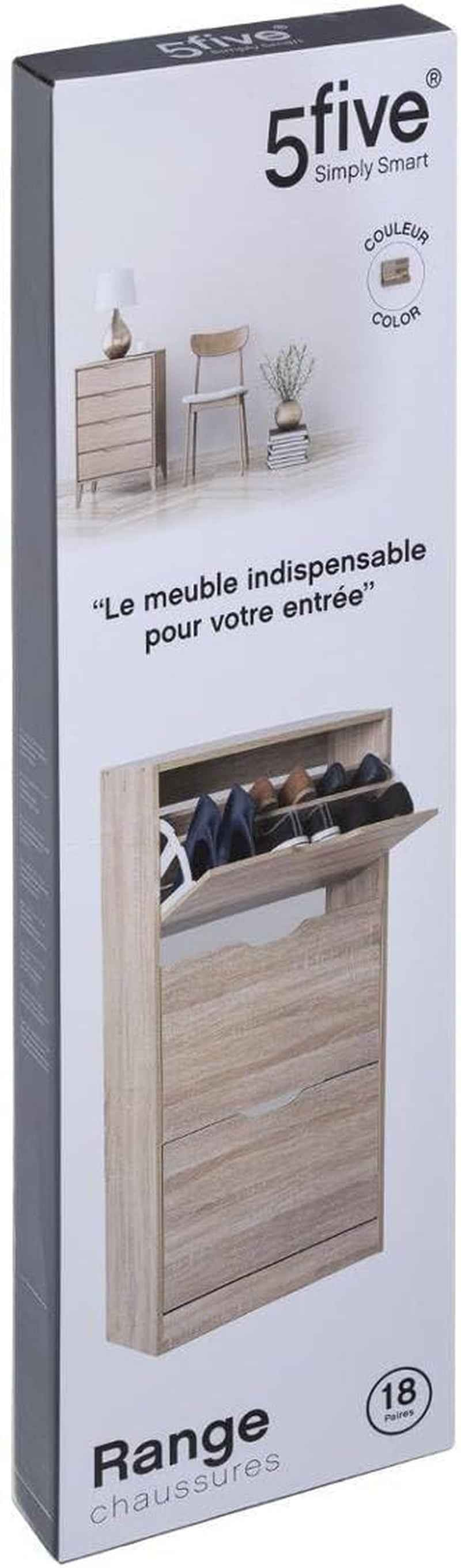 5Five - Meuble Range-Chaussures Drawy 3 Tiroirs Effet Chêne Naturel - 60 X 23 X 119 Cm, Capacité 18 Paires - Pour Entrée, Couloir, Rangement