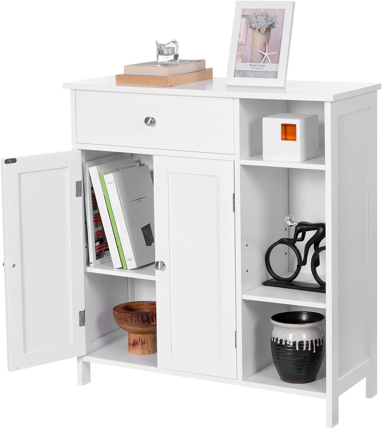Meuble De Salle De Bain, Meuble De Rangement Avec 2 Portes, Armoire De Salle De Bain Avec Tiroir, 3 Compartiments Ouverts, Étagères Réglables, 75 X 30 X 80 Cm, Blanc Nuage BBC142W01