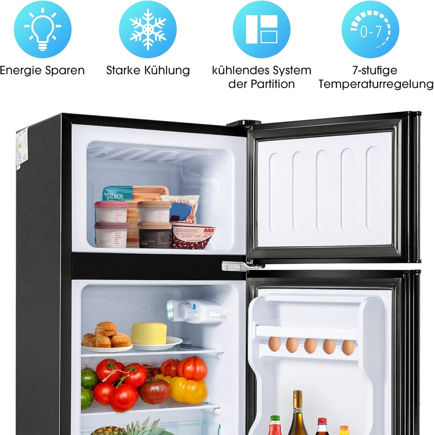Réfrigérateur Congélateur De 60 Litres - Double Porte - Capacité De Congélation : 22 Litres - Volume De Refroidissement : 38 Litres - 172 Kwh/An - Lumière LED De Qualité Supérieure - Noir