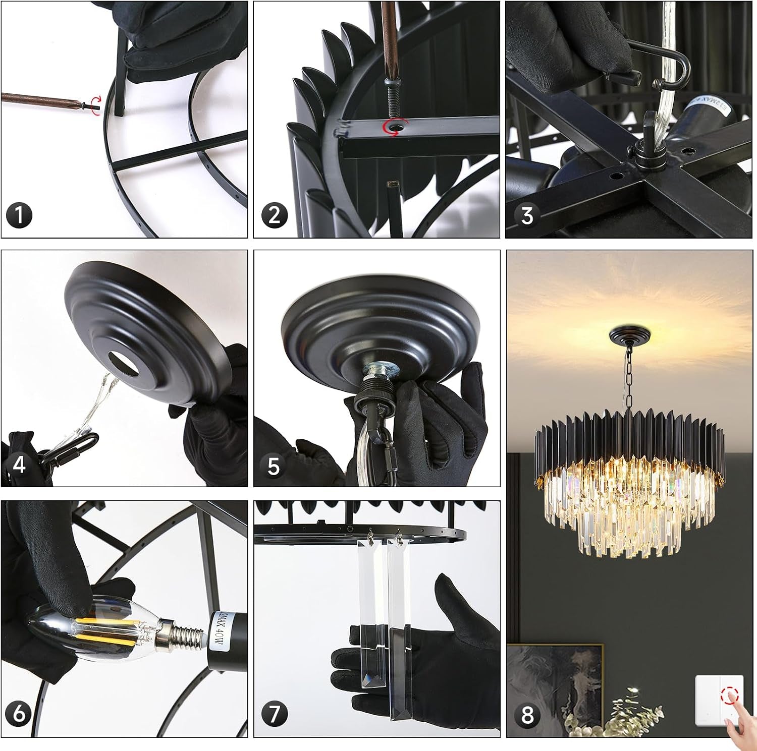 Moderne Lumière En Cristal De Luxe Suspendue, Lustre En Cristal Noir, 8Xe14 Raindrop Lustre Lumière Plafonnier Encastré Pour Salle À Manger, Φ60Cm
