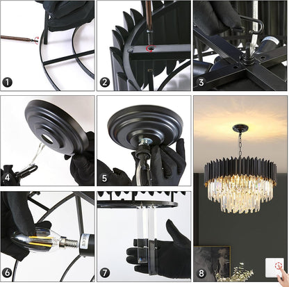 Moderne Lumière En Cristal De Luxe Suspendue, Lustre En Cristal Noir, 8Xe14 Raindrop Lustre Lumière Plafonnier Encastré Pour Salle À Manger, Φ60Cm