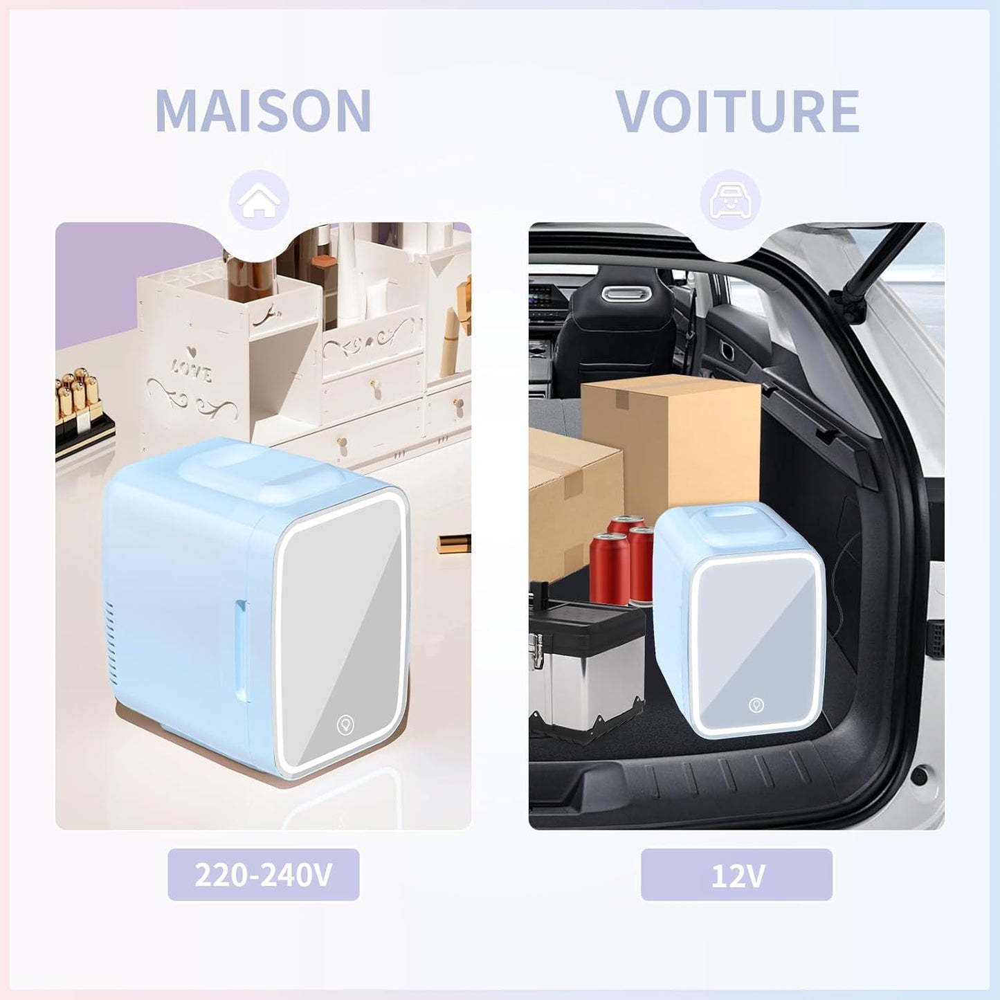 Mini Frigo Pour Chambre, Frigo Skincare Avec Miroir LED, Petit Frigo De 4L Portable, Thermoelectrique Chauffe & Refroidisseur 220V AC / 12V DC Pour Voiture, Bureau, Dortoir (Bleu)