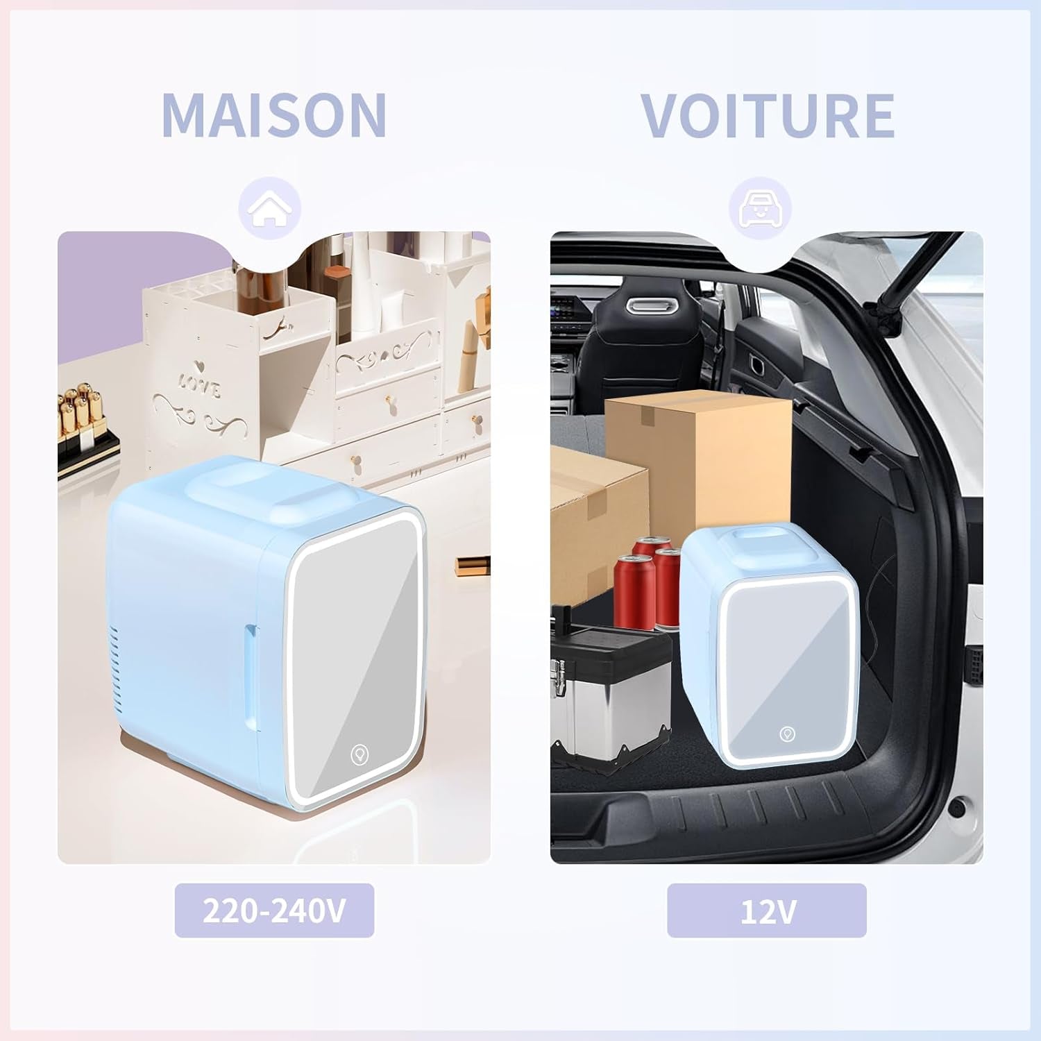 Mini Frigo Pour Chambre, Frigo Skincare Avec Miroir LED, Petit Frigo De 4L Portable, Thermoelectrique Chauffe & Refroidisseur 220V AC / 12V DC Pour Voiture, Bureau, Dortoir (Bleu)
