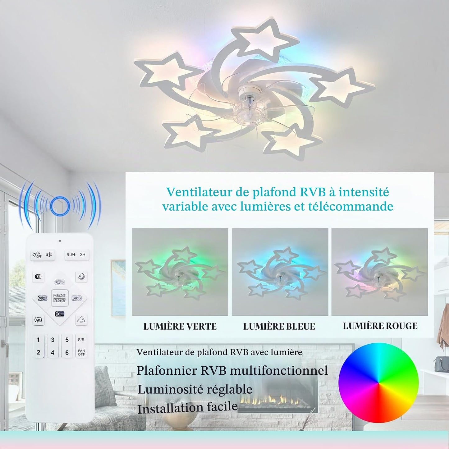 Lampe Ventilateur Plafond Silencieux Reversible Ventilateur Plafond Avec Telecommande Star RGB Suspension Luminaire LED Dimmable 6 Vitesses Dc-Motor Plafonnier Ventilateur Design