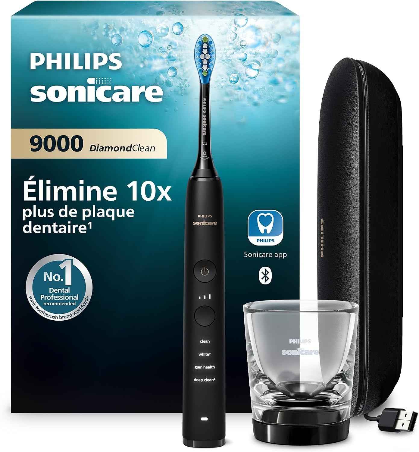 Sonicare Diamondclean 9000 - Brosse À Dents Électrique Avec Application, Capteur De Pression, 4 Modes De Brossage, 3 Niveaux D'Intensité, Verre De Charge, Coffret Voyage USB, Noir, HX9911/09