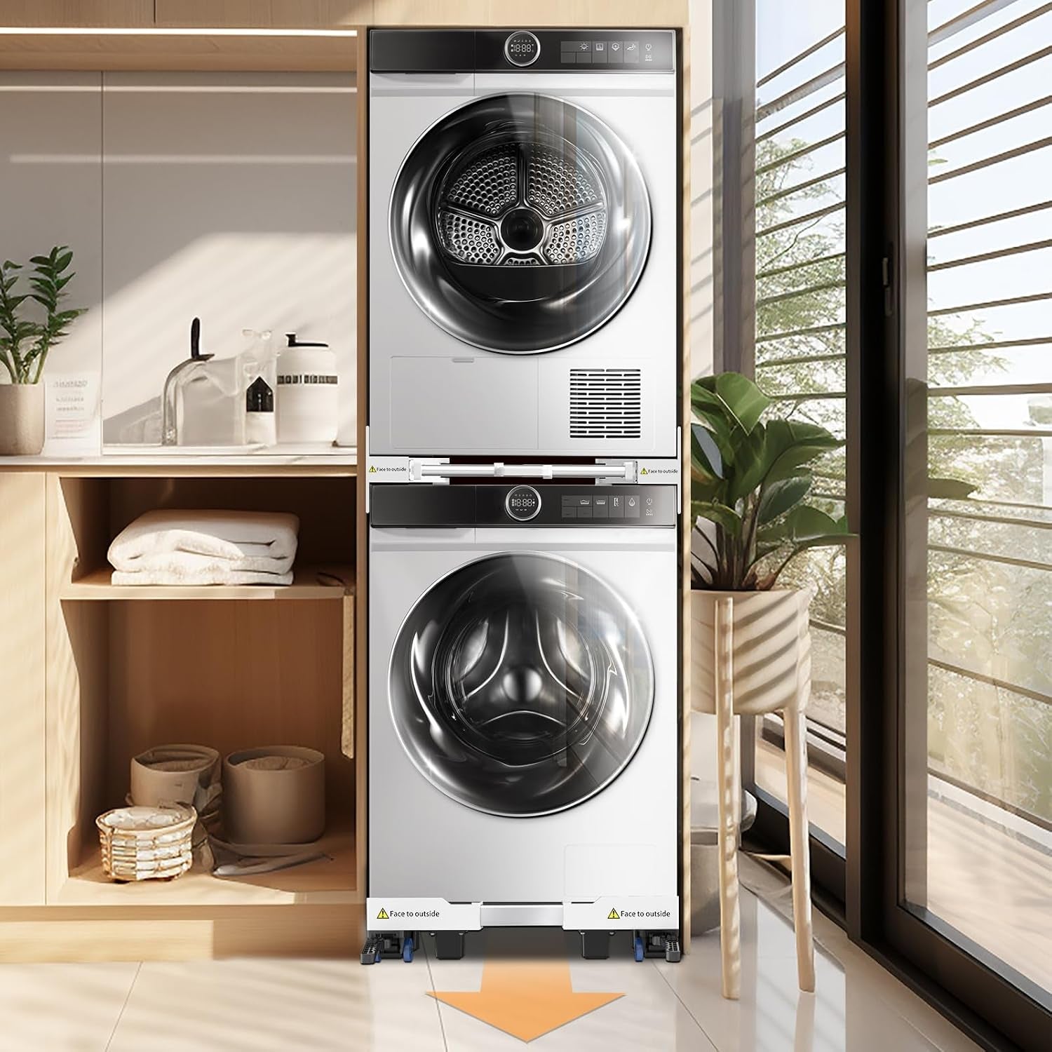 Kit Universel D'Empilage Et Socle Mobile Pour Sèche-Linge Et Lave-Linge, Taille Réglable Avec Corde À Cliquet Et Supports De Séchage Extensibles Pour Lave-Linge Et Sèche-Linge Gain De Place | (Kit D'Empilage-Style Tiroir & Base Mobile)