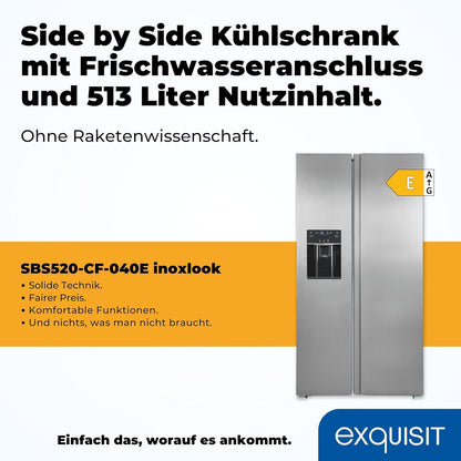 Exquisit SBS520-CF-040E Side by Side Kühlschrank, 91 Cm Breit, 475L, Nofrost, Ice-Maker, Festwasseranschluss, Inoxlook
