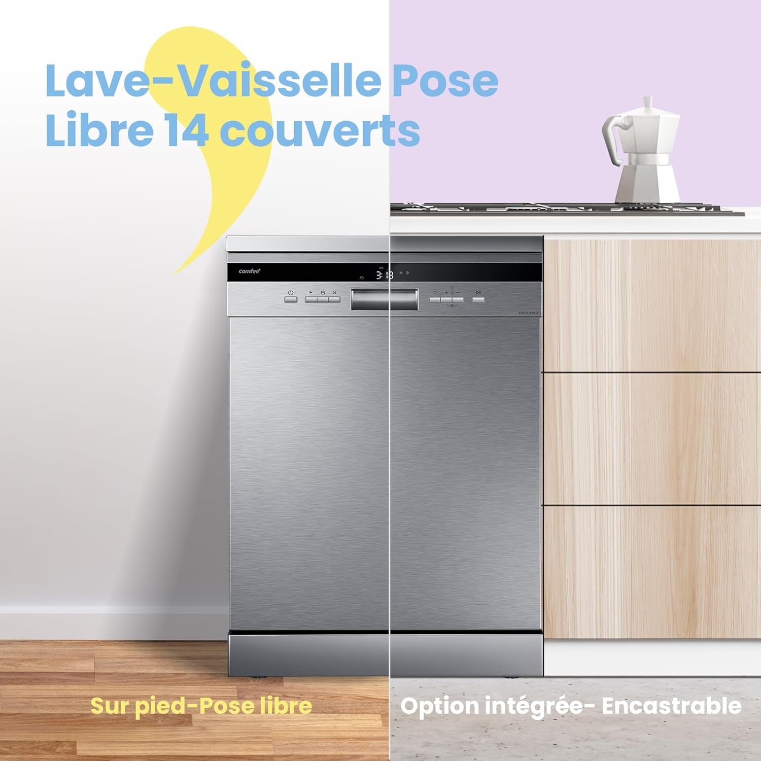 Lave-Vaisselle Pose Libre ' FD1435E-X Pour 14 Couverts, Grand Format, 44 Db, Grand Écran LED, Départ Différé, Fonctionnalité Demi-Charge, Supports Flexibles, Acier Inoxydable