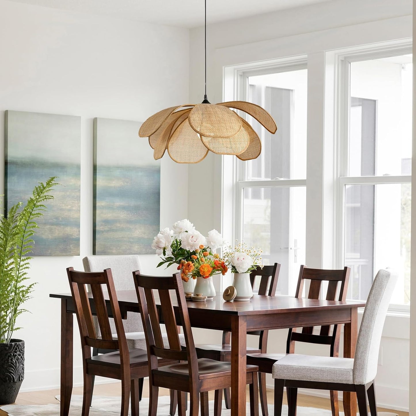 Suspension Rotin Vintage,Fleur Créative Lustre Rotin, Luminaire En Bambou Tressé Max 60W, Pour Salon Chambre Cuisine Couloir (60CM)