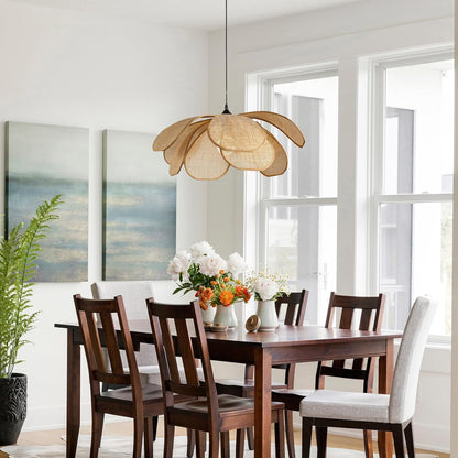 Suspension Rotin Vintage,Fleur Créative Lustre Rotin, Luminaire En Bambou Tressé Max 60W, Pour Salon Chambre Cuisine Couloir (60CM)