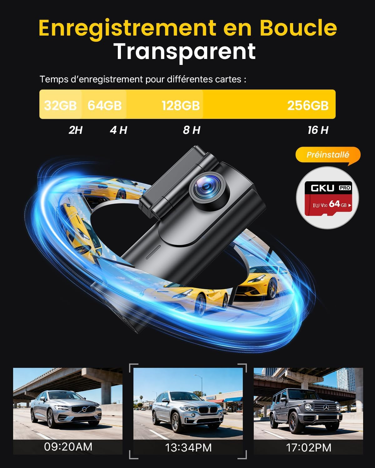 4K Dashcam Voiture Avant Arrière, 5Ghz Wifi Caméra Embarquée Voiture | Avec Carte SD 64G, Camera Voiture Grand Angle 170°, Vision Nocturne, Wdr,G-Capteur,Stationnement 24H,Enregistrement En Boucle