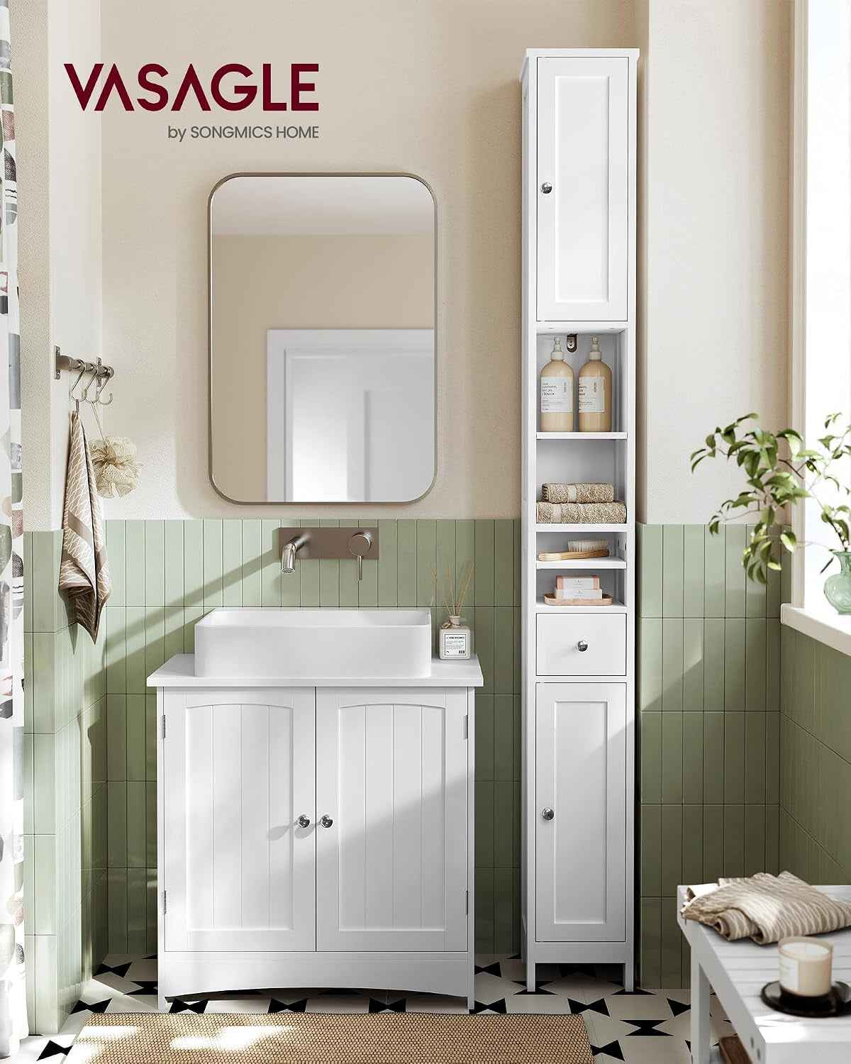 Colonne Salle De Bain Haute, Meuble Salle De Bain Etroit, Avec Étagères Réglables, Tiroir, Compartiments Ouverts, Pour Les Petits Espaces, Moderne, Blanc Nuage BBC765W01