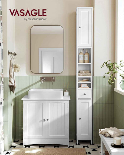 Colonne Salle De Bain Haute, Meuble Salle De Bain Etroit, Avec Étagères Réglables, Tiroir, Compartiments Ouverts, Pour Les Petits Espaces, Moderne, Blanc Nuage BBC765W01