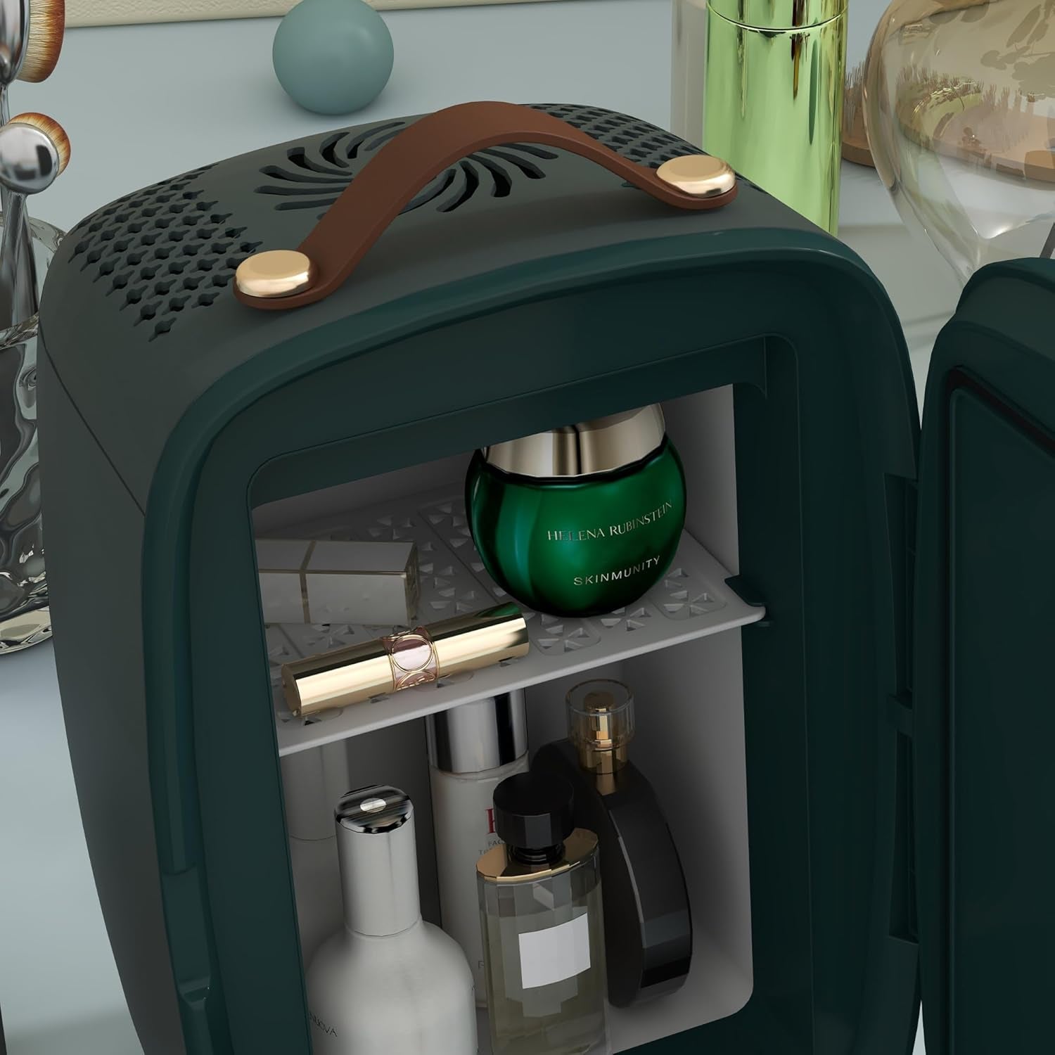 Mini Réfrigérateur 6 L - Réfrigérateur Cosmétique Avec Étagère De Rangement, Réfrigérateur De Beauté Avec Poignée, Pieds Pour Cosmétiques, Boissons, Vert Foncé