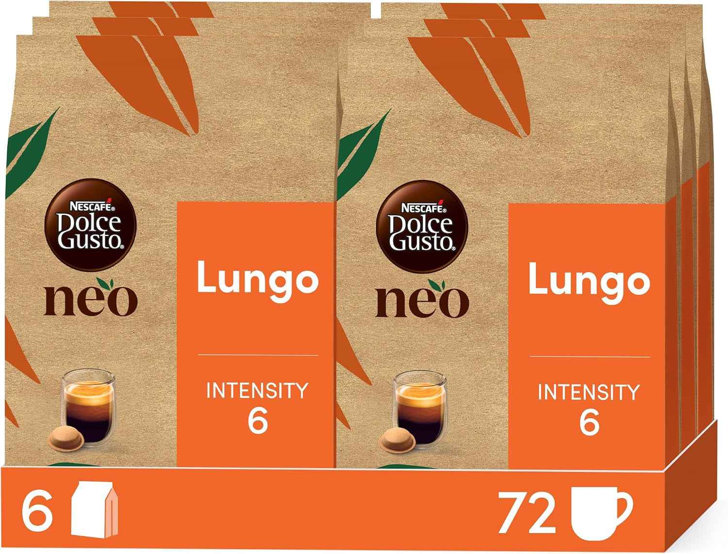 Lungo, 72 Dosettes De Café, 6 X 12 | Dosettes Compostables , Compatibles Uniquement Avec Les Machines NDG NEO , Extraction Haute Pression Equilibrée