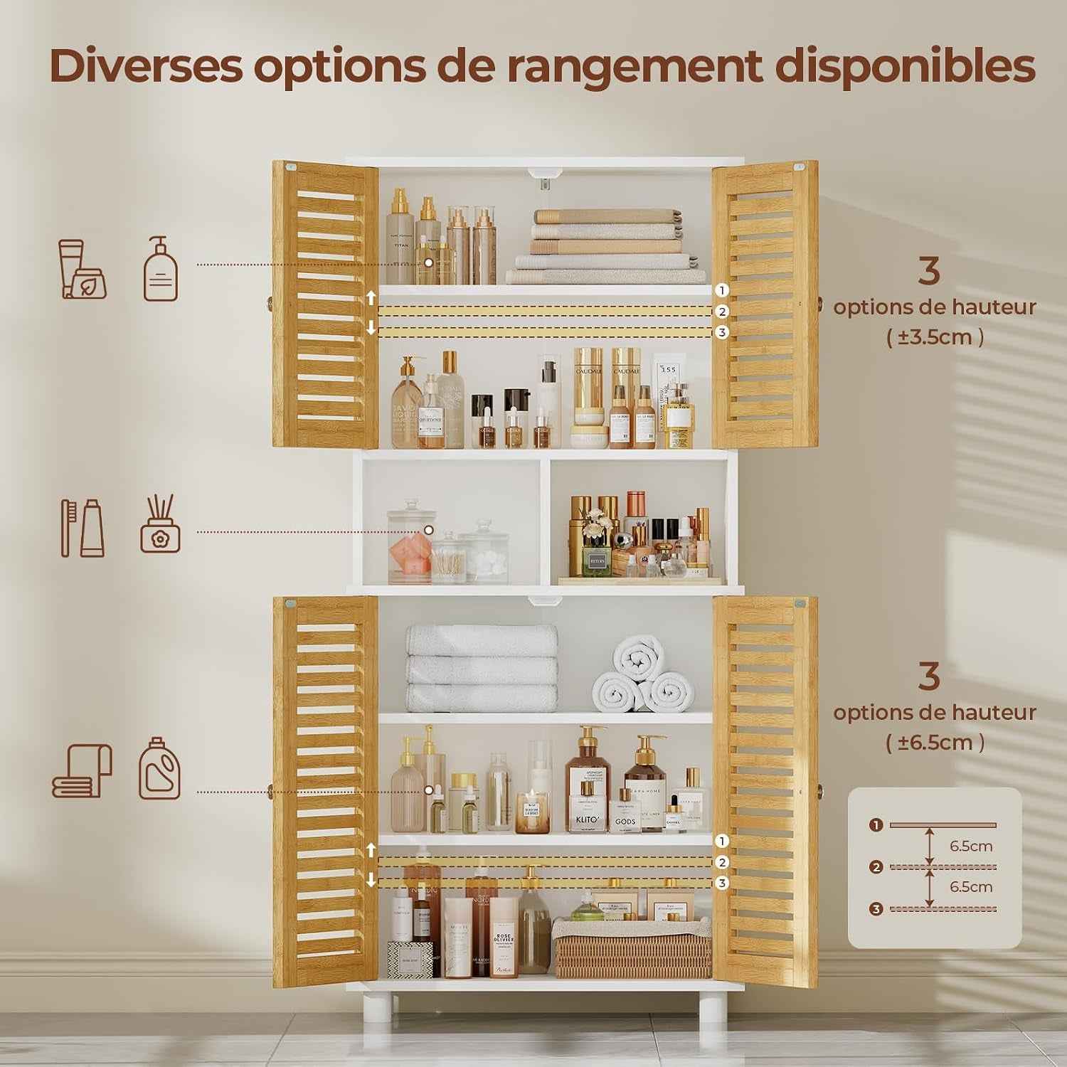 Meuble De Rangement, Meuble Colonne Pour Salle De Bain Avec 4 Portes En Bambou, 2 Étagères Réglables Et Ouvertes, Armoire De Salle De Bain Pour Salon Et Cuisine, 60 X 30 X 128 Cm, Blanc