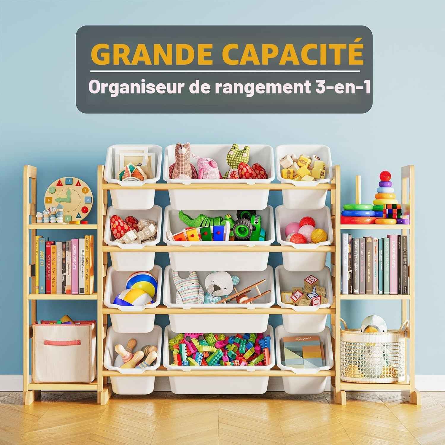 Meuble Rangement Enfant Avec 6 Étagères Et 12 Bacs, Bibliotheque Enfant, Meuble De Rangement Enfant Avec Bacs Pour Chambre Et Salle De Jeux - Blanc