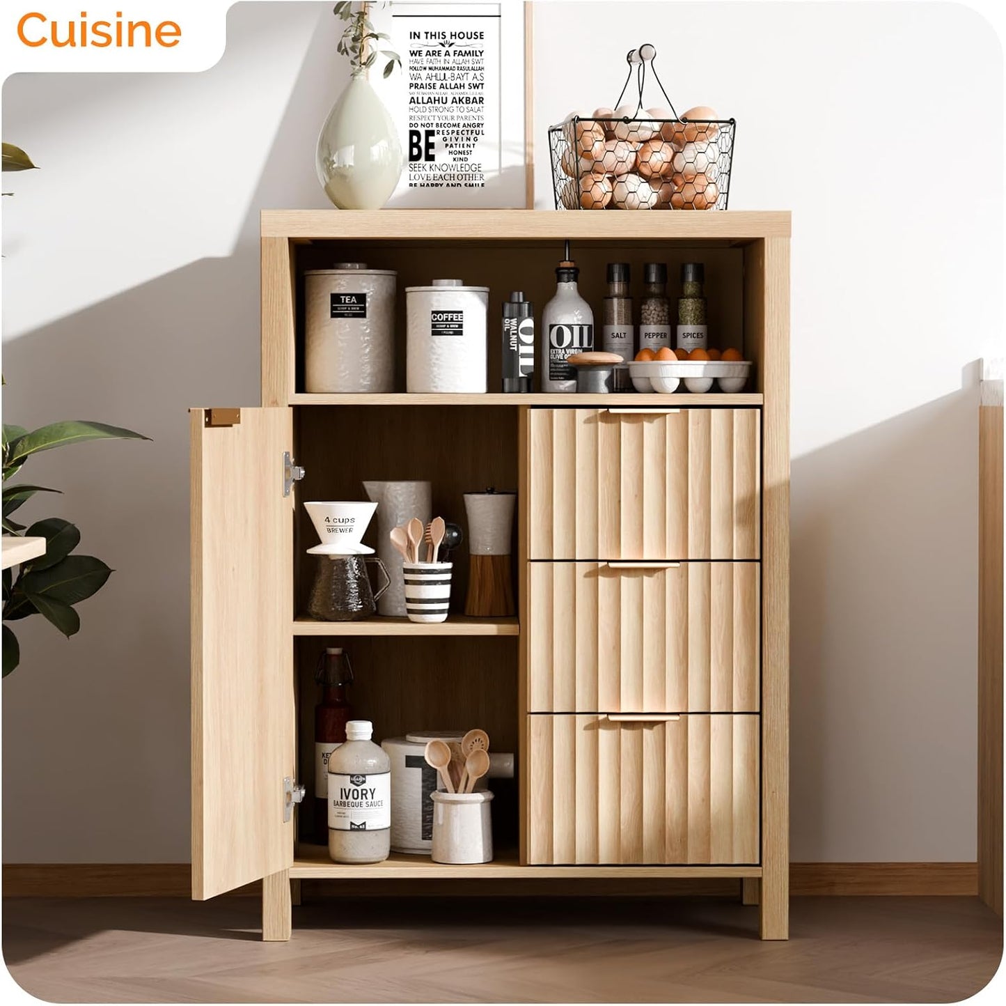 Meuble De Rangement, Armoire De Rangement En Bois Avec 1 Compartiment Ouvert, Meuble Sur Pied Avec 4 Tiroirs, Commode Pour Cuisine, Entrée, Salle De Bain, Chêne, 59 X 30 X 81 Cm